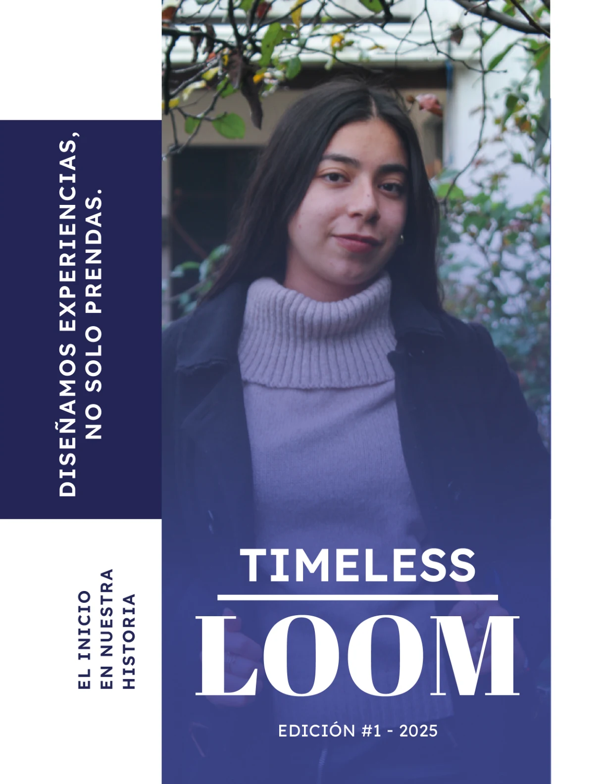 Portada del catálogo de moda Timeless Loom, con fotografía y composición en azul y blanco